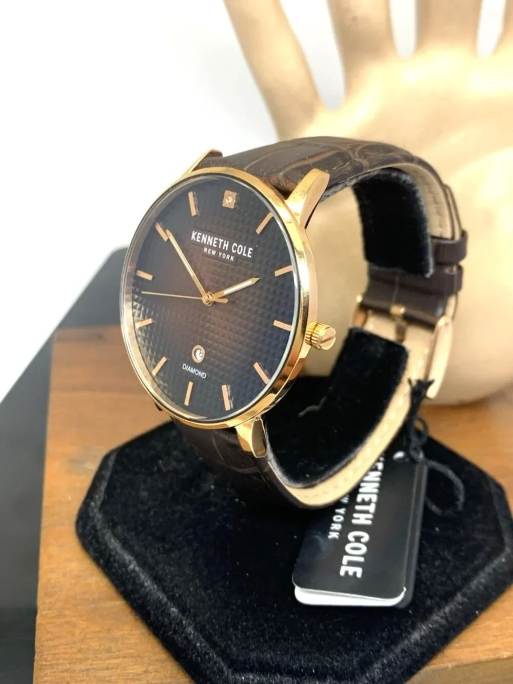 Kenneth Cole Men's Watch Brown Dial Rose Gold Tone Case Leather Strap 42mm